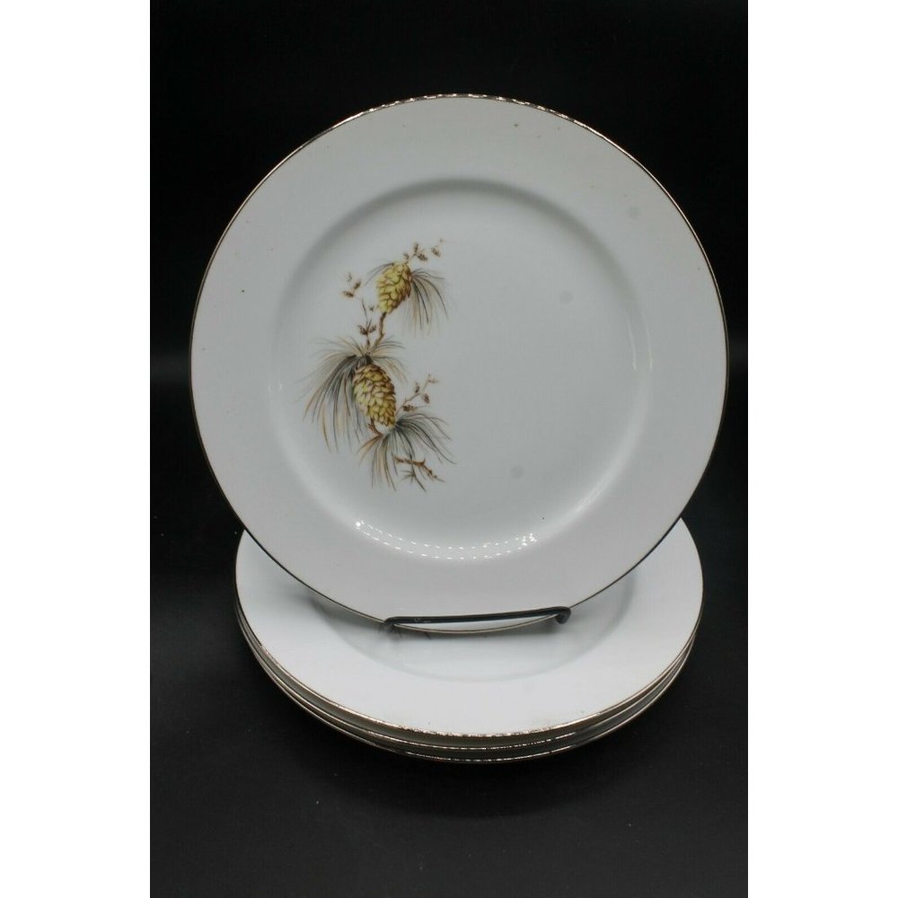 Preowned 4 Dinner Plates Pinecone Branch Warranted 22K Fine China